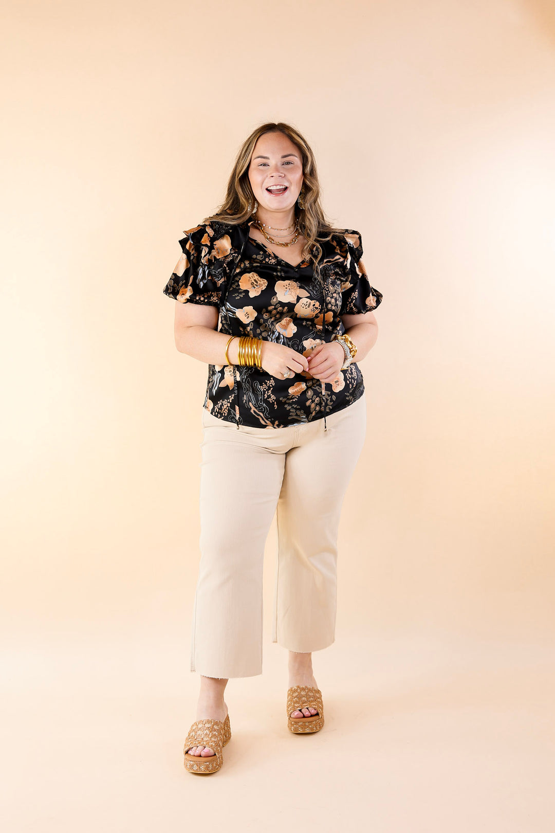 One And Only Mix Print Satin Blouse with Keyhole Front in Black - Giddy Up Glamour Boutique