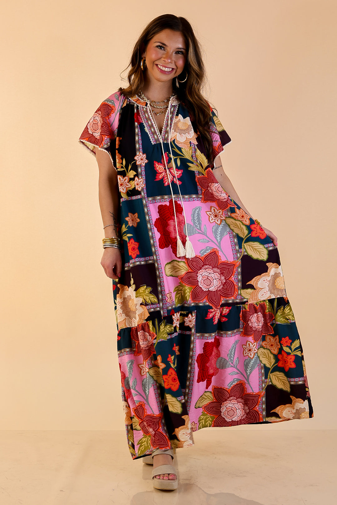 Patchwork Poise Floral Patchwork Print Midi Dress with Tassel Tie Neckline and Flutter Sleeves in Pink Mix