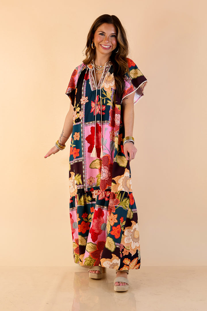Patchwork Poise Floral Patchwork Print Midi Dress with Tassel Tie Neckline and Flutter Sleeves in Pink Mix
