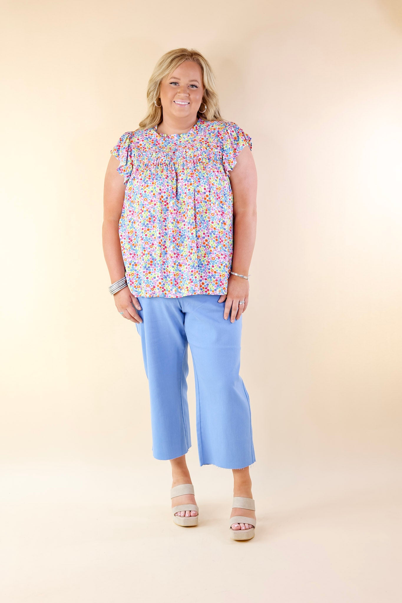 Fun Memories Floral Ruched Front Top with Ruffle Cap Sleeves in Blue Mix - Giddy Up Glamour Boutique