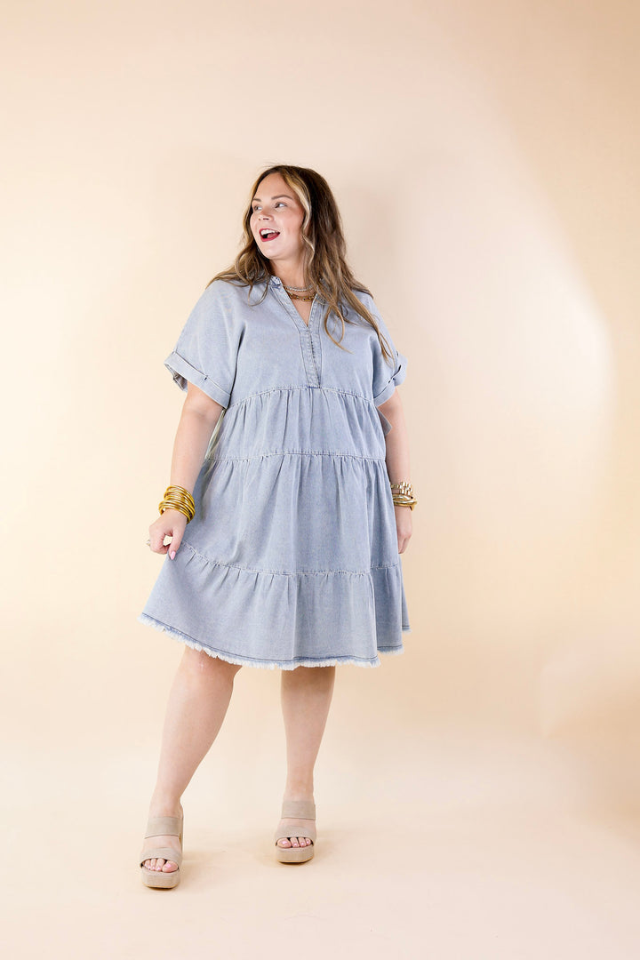 Wait List Tiered Denim Dress with Collared Neckline in Light Wash - Giddy Up Glamour Boutique