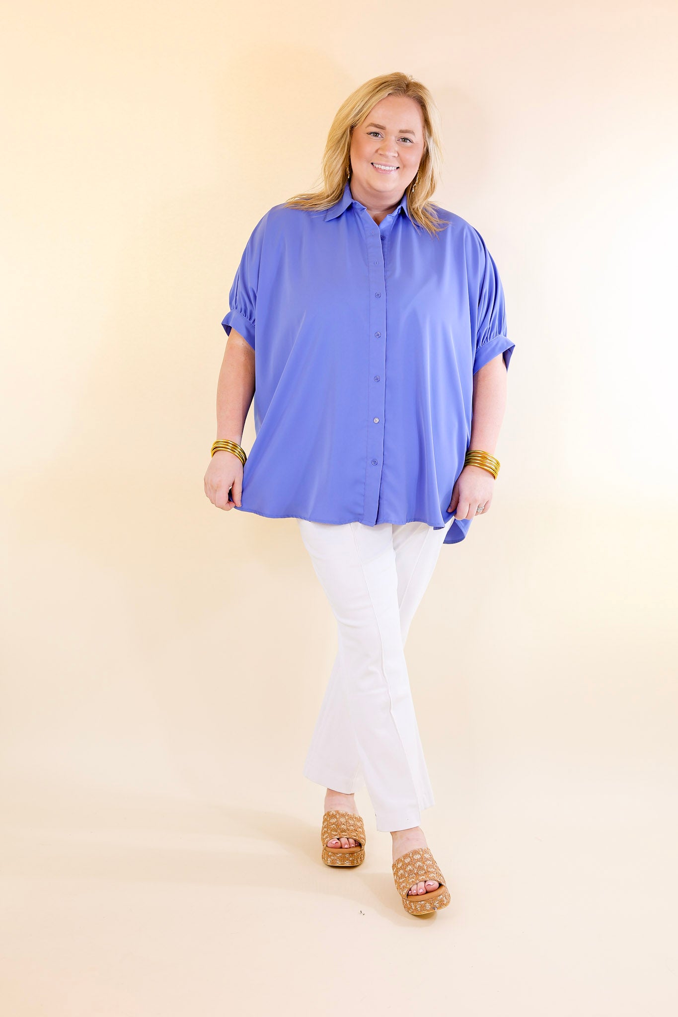 City Lifestyle Button Up Half Sleeve Poncho Top in Chambray Blue