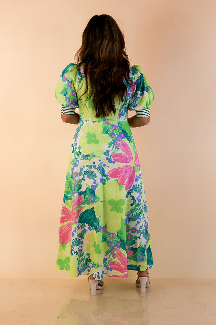 Spring Awakening Floral Midi Dress with Puff Sleeves and Stripe Trim in Lime Green and Blue