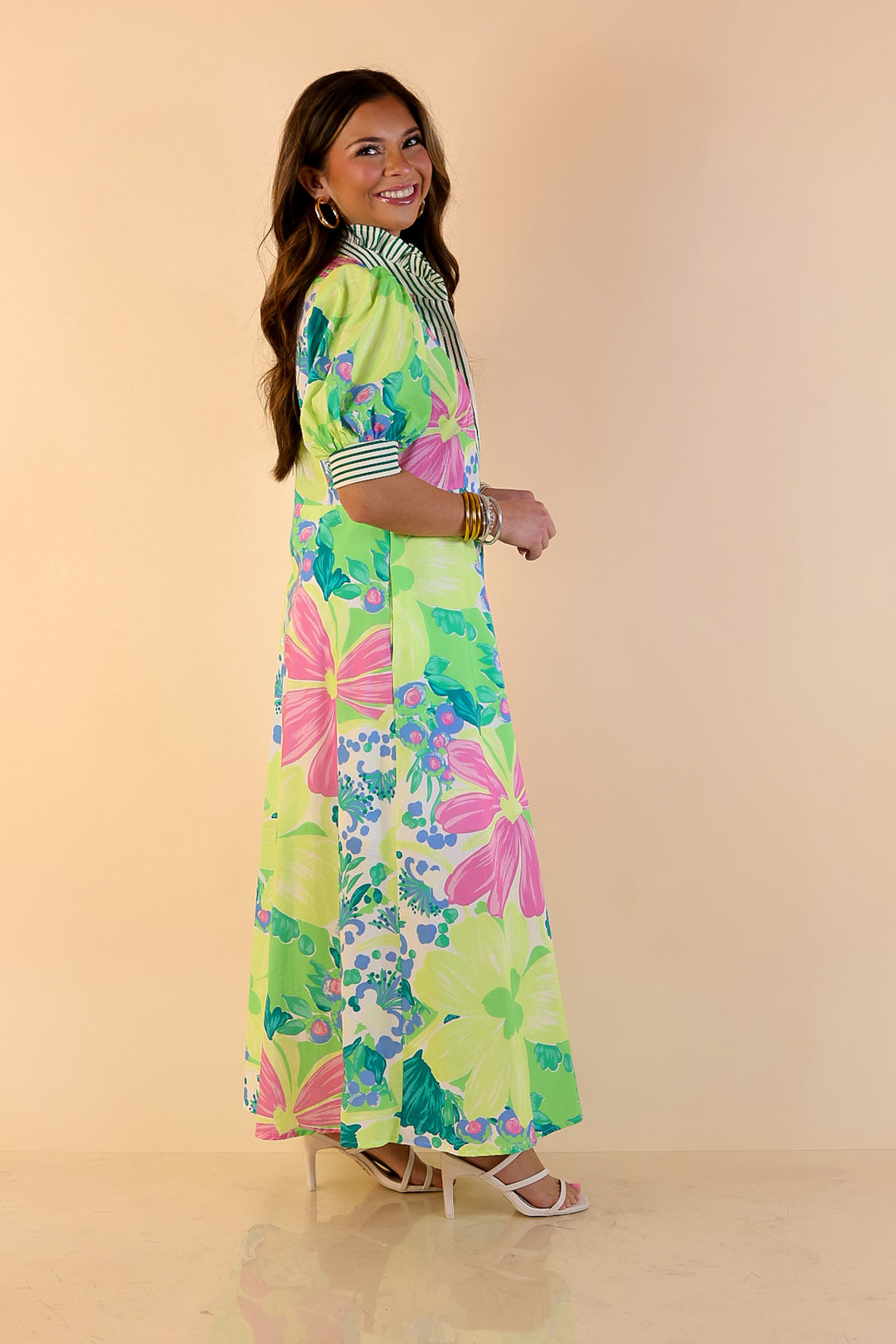 Spring Awakening Floral Midi Dress with Puff Sleeves and Stripe Trim in Lime Green and Blue