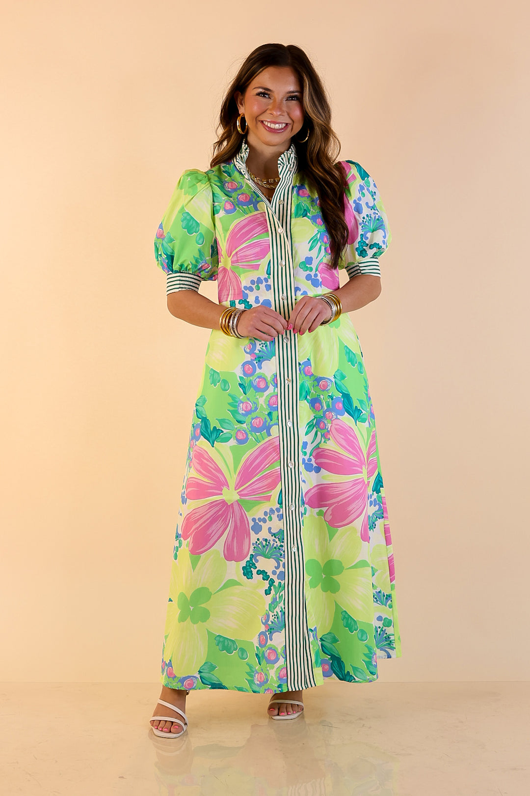 Spring Awakening Floral Midi Dress with Puff Sleeves and Stripe Trim in Lime Green and Blue