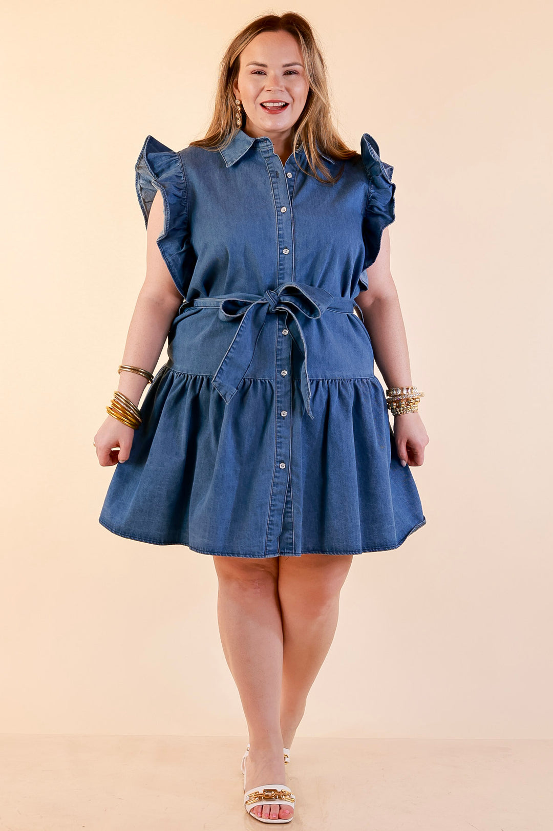 Ruffled up Ruffle Sleeve Button Front Denim Dress with Collar and Peplum Hem in Medium Wash