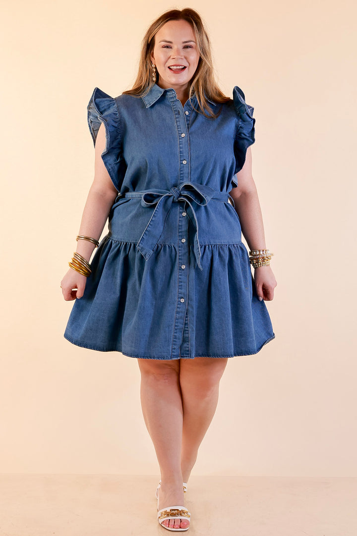 Ruffled up Ruffle Sleeve Button Front Denim Dress with Collar and Peplum Hem in Medium Wash