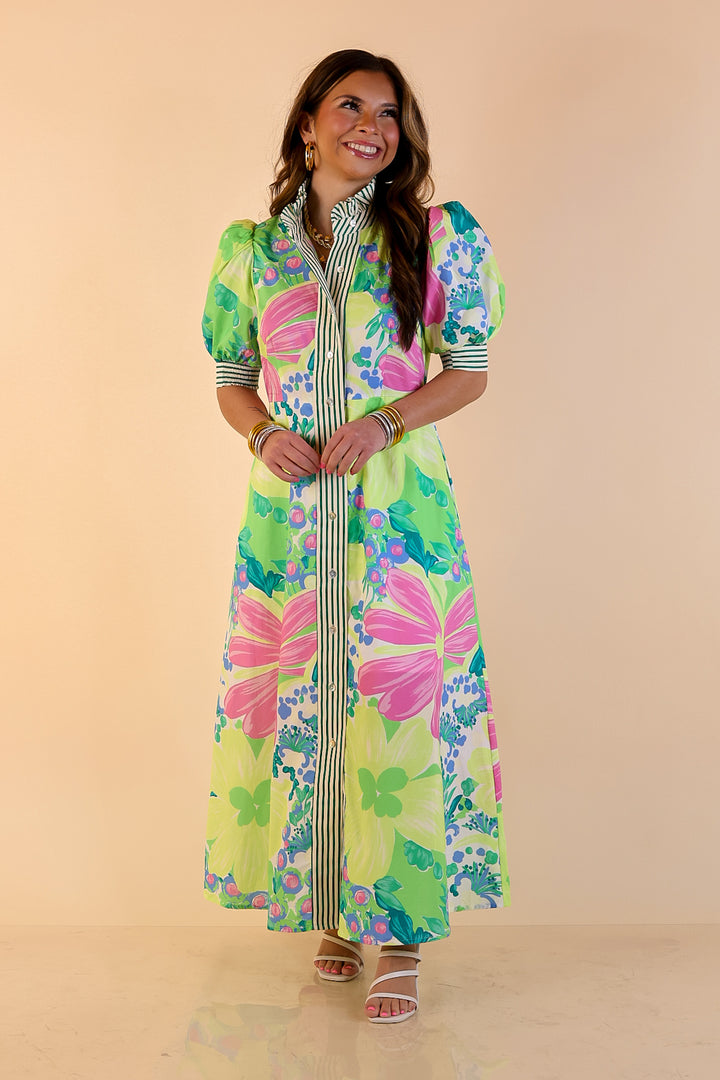 Spring Awakening Floral Midi Dress with Puff Sleeves and Stripe Trim in Lime Green and Blue