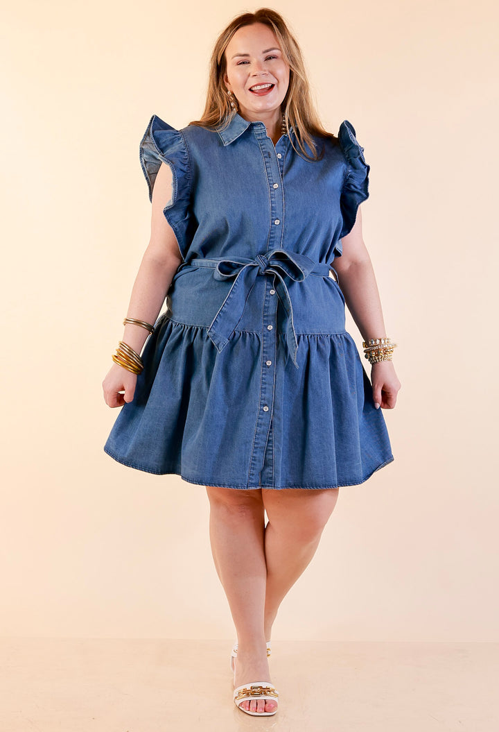 Ruffled up Ruffle Sleeve Button Front Denim Dress with Collar and Peplum Hem in Medium Wash