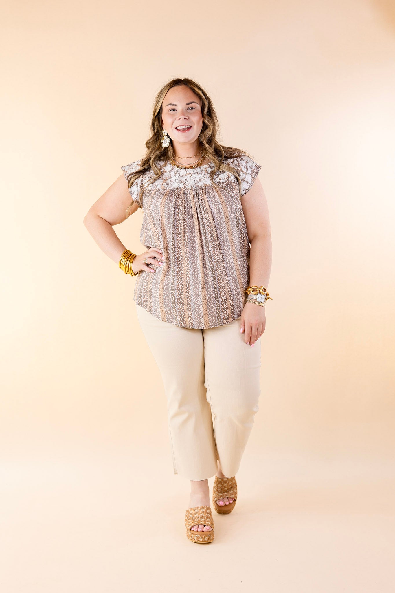 Festival Weather White Embroidered Floral Print Top with Cap Sleeves in Mocha Mix - Giddy Up Glamour Boutique