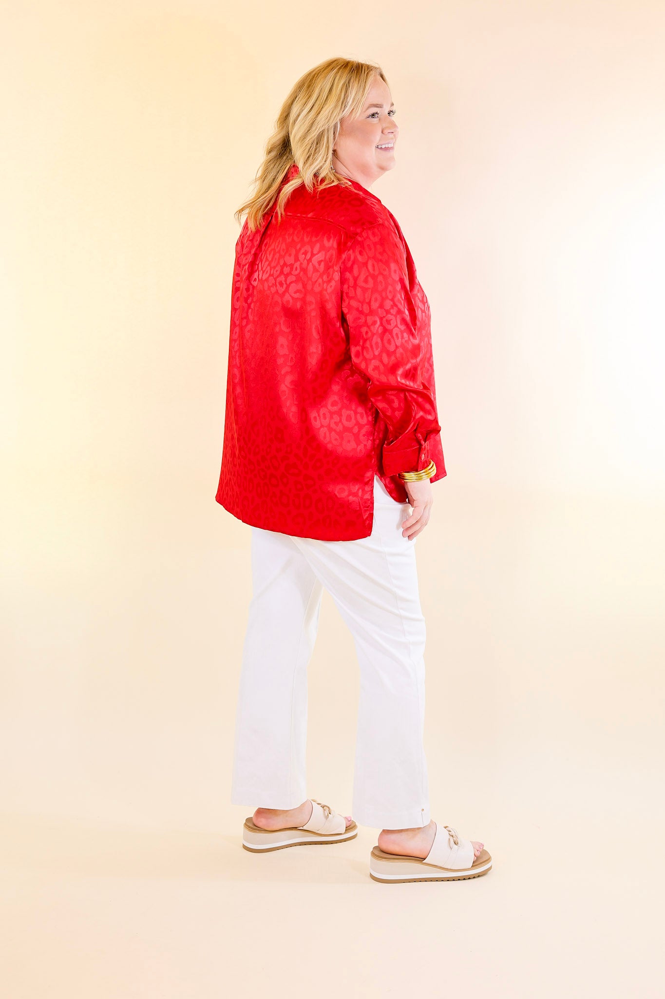 Top It Off Long Sleeve Button Up Satin Leopard Top in Red