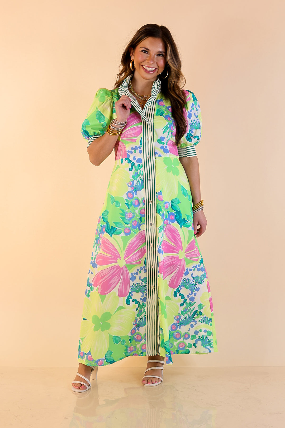 Spring Awakening Floral Midi Dress with Puff Sleeves and Stripe Trim in Lime Green and Blue