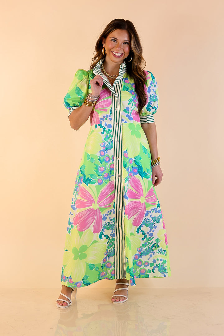 Spring Awakening Floral Midi Dress with Puff Sleeves and Stripe Trim in Lime Green and Blue