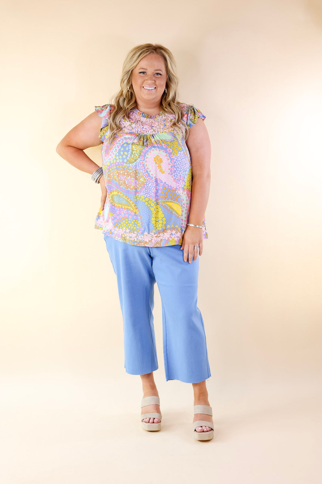 Miracles Everywhere Floral and Paisley Print Blouse with Ruffle Cap Sleeves in Blue Mix - Giddy Up Glamour Boutique