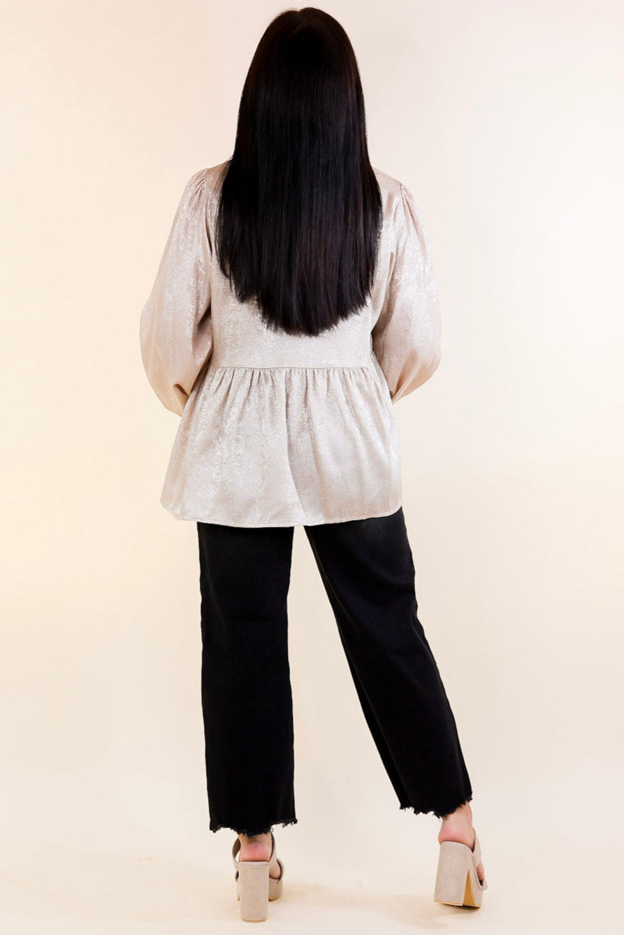 Popular Opinion Metallic V Neck Peplum Top with Long Sleeves in Champagne