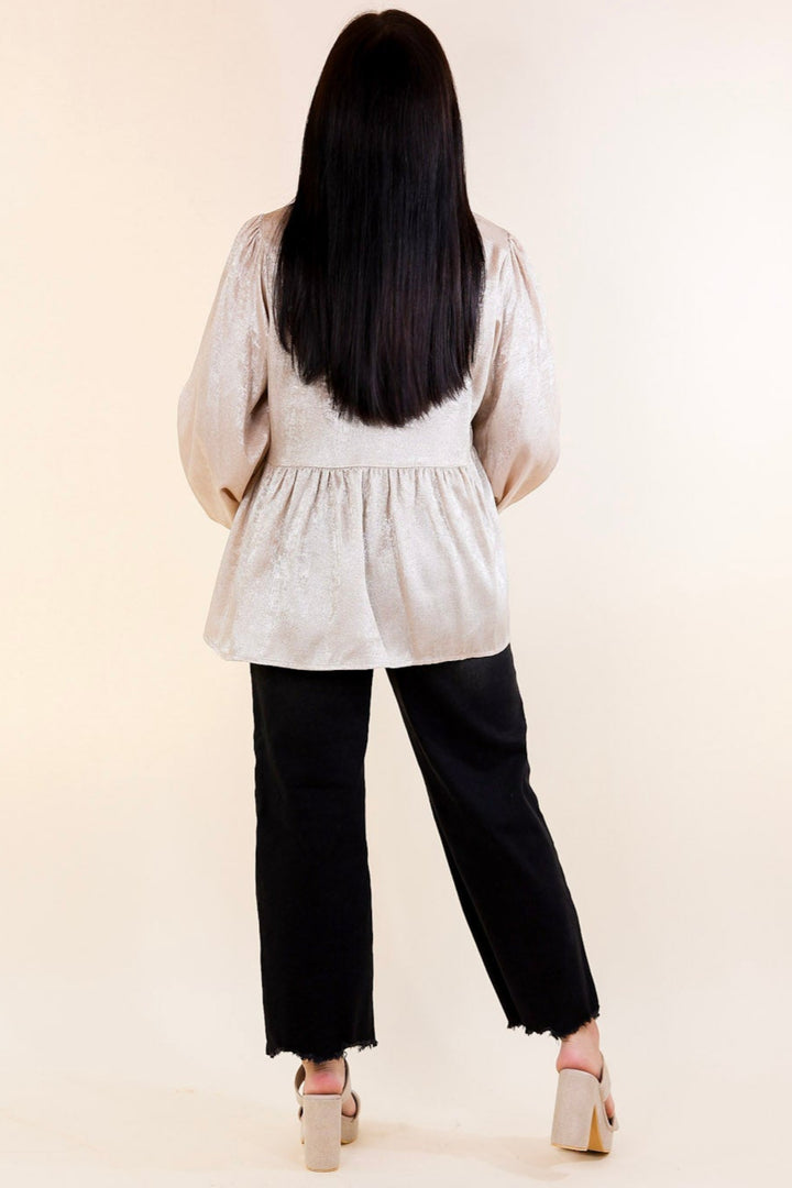 Popular Opinion Metallic V Neck Peplum Top with Long Sleeves in Champagne