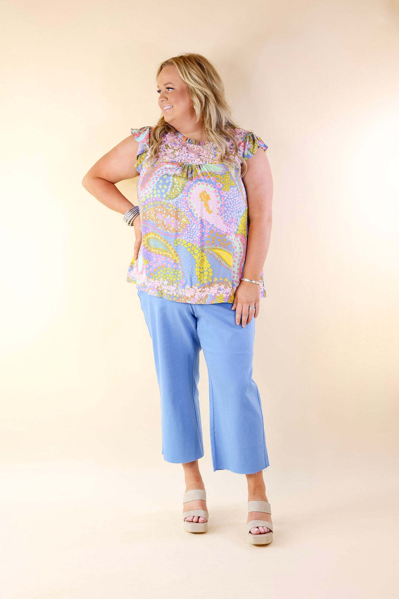 Miracles Everywhere Floral and Paisley Print Blouse with Ruffle Cap Sleeves in Blue Mix - Giddy Up Glamour Boutique