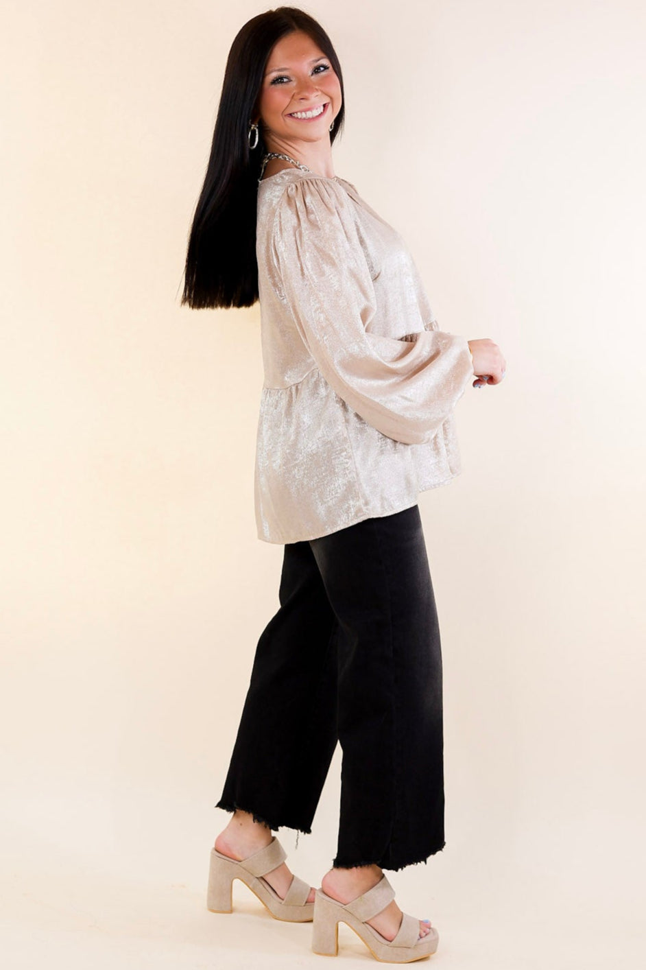 Popular Opinion Metallic V Neck Peplum Top with Long Sleeves in Champagne