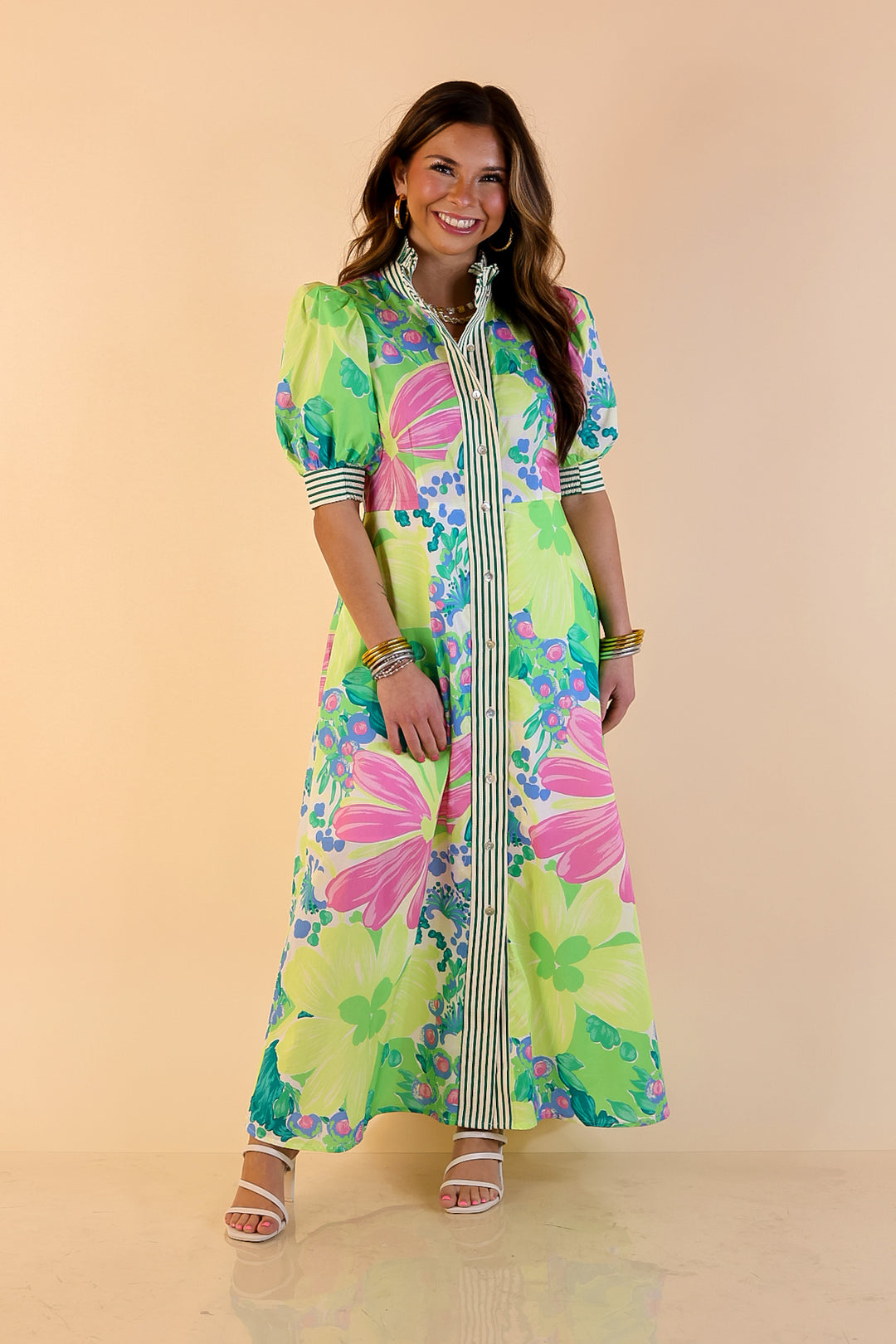 Spring Awakening Floral Midi Dress with Puff Sleeves and Stripe Trim in Lime Green and Blue