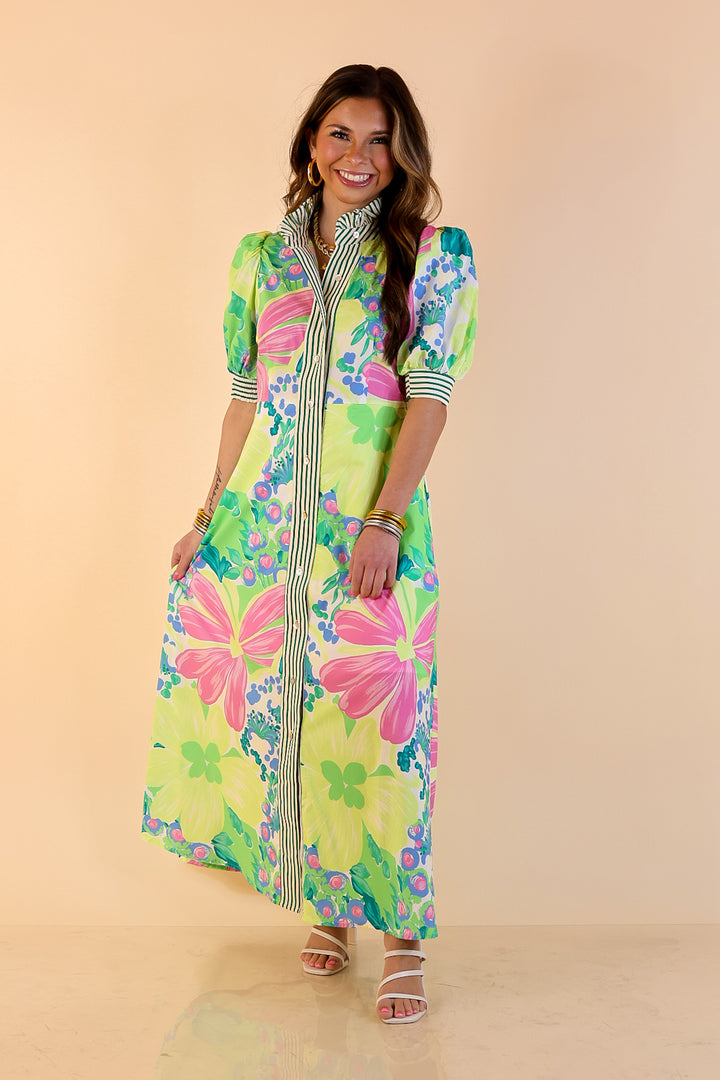 Spring Awakening Floral Midi Dress with Puff Sleeves and Stripe Trim in Lime Green and Blue