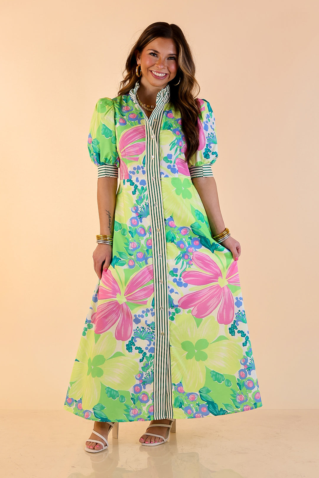 Spring Awakening Floral Midi Dress with Puff Sleeves and Stripe Trim in Lime Green and Blue