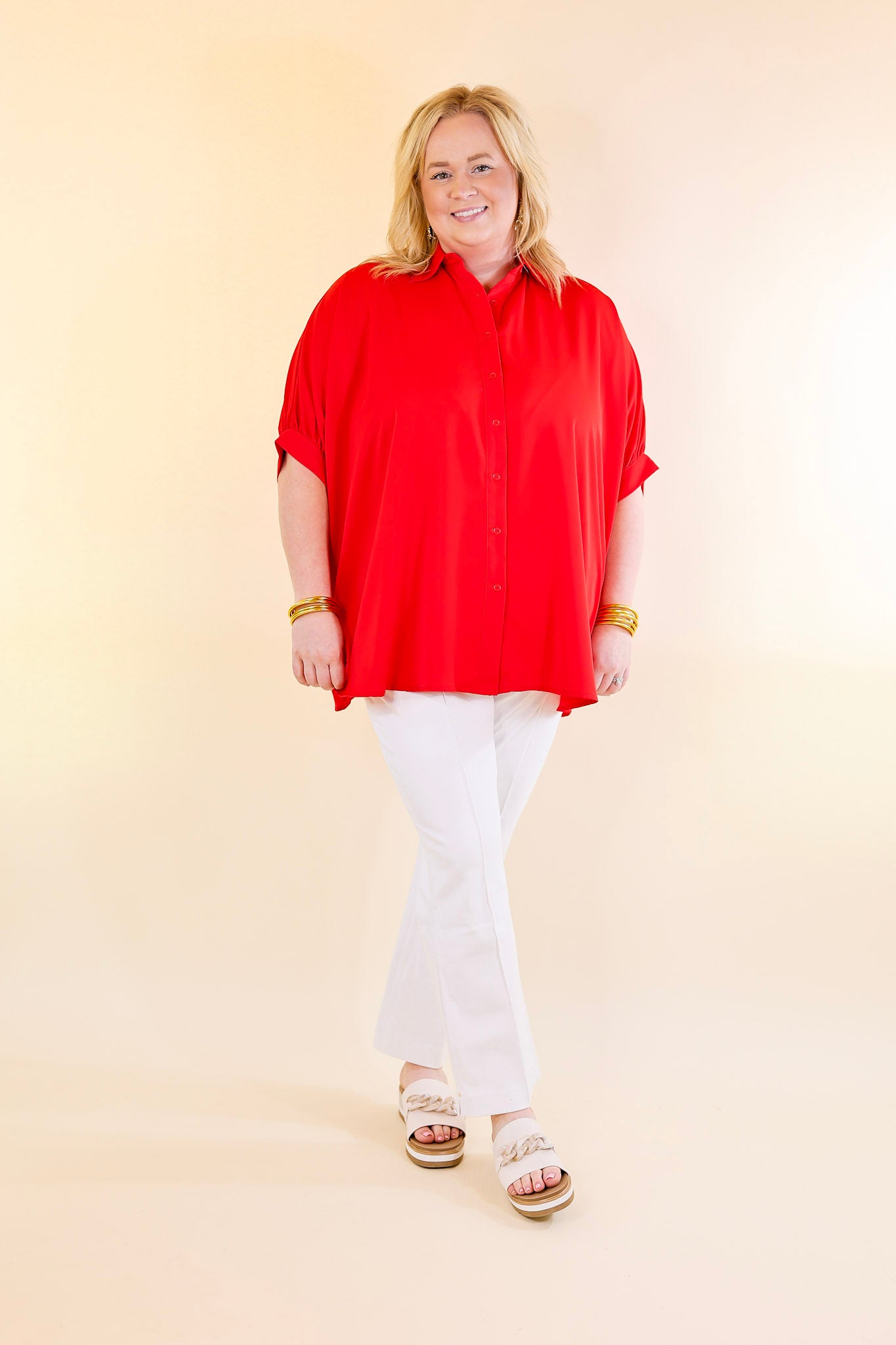 City Lifestyle Button Up Half Sleeve Poncho Top in Red