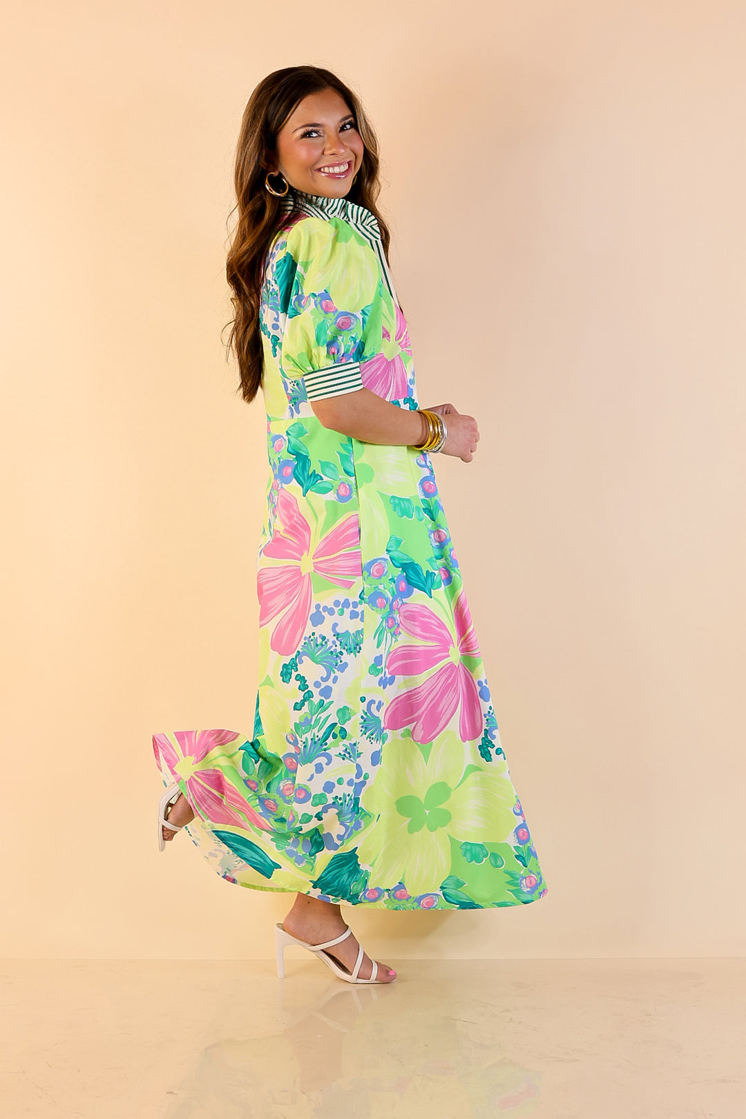 Spring Awakening Floral Midi Dress with Puff Sleeves and Stripe Trim in Lime Green and Blue