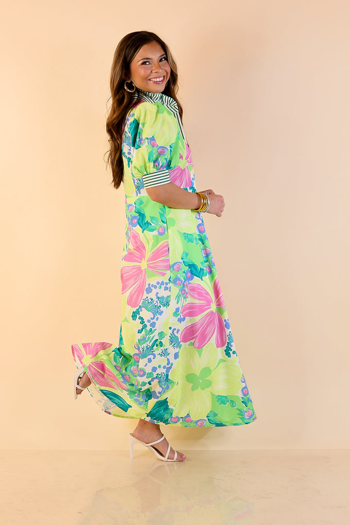 Spring Awakening Floral Midi Dress with Puff Sleeves and Stripe Trim in Lime Green and Blue