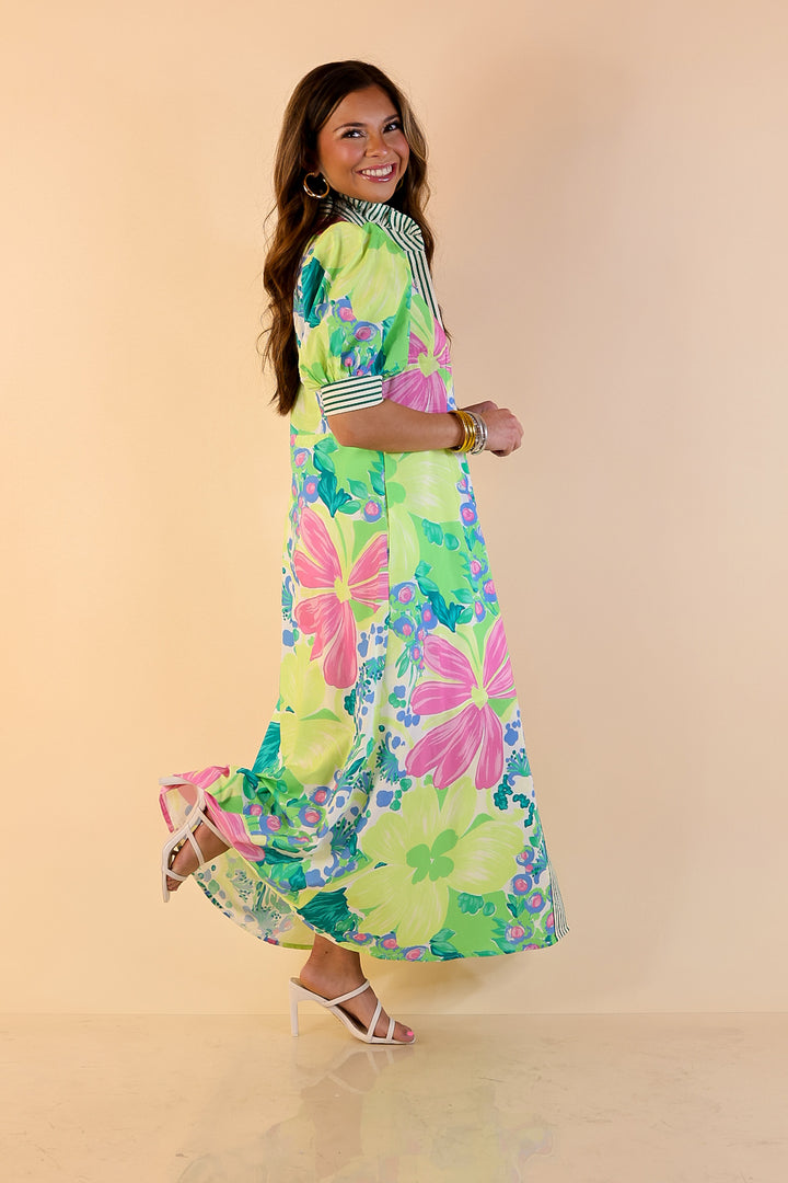 Spring Awakening Floral Midi Dress with Puff Sleeves and Stripe Trim in Lime Green and Blue