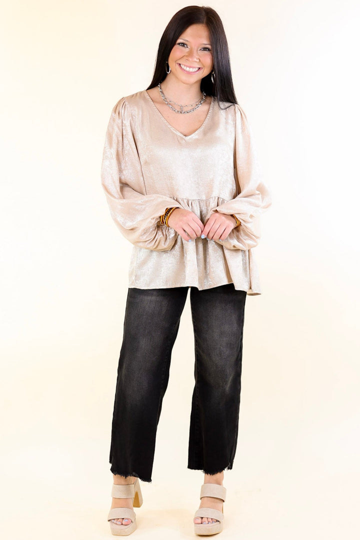 Popular Opinion Metallic V Neck Peplum Top with Long Sleeves in Champagne