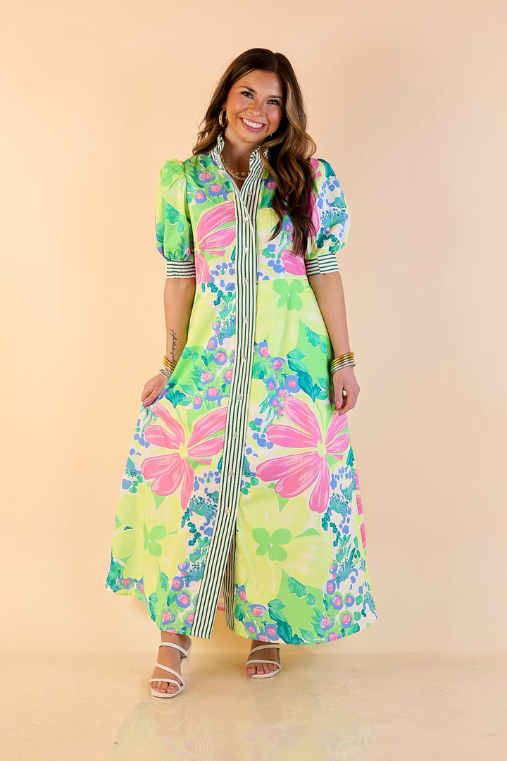 Spring Awakening Floral Midi Dress with Puff Sleeves and Stripe Trim in Lime Green and Blue