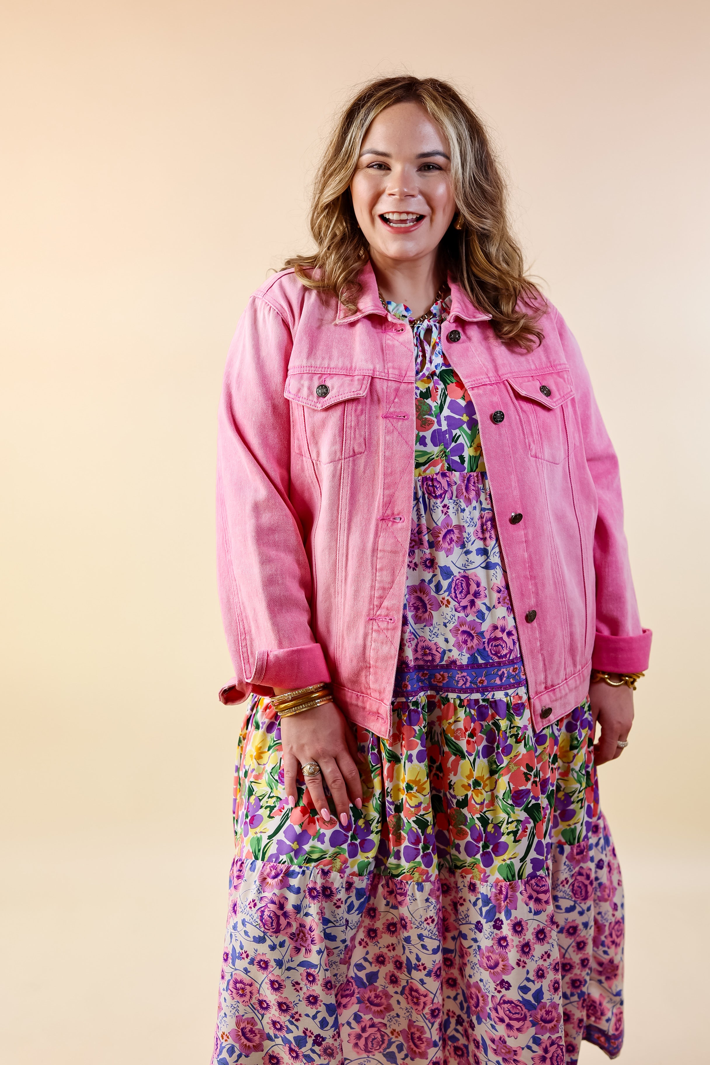 Prime Time Floral Embroidered Denim Jacket With Pockets in Pink - Giddy Up Glamour Boutique