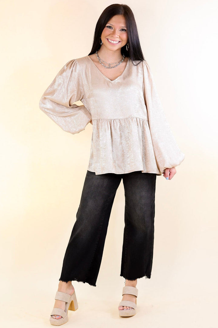 Popular Opinion Metallic V Neck Peplum Top with Long Sleeves in Champagne