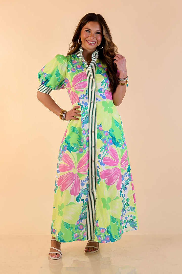 Spring Awakening Floral Midi Dress with Puff Sleeves and Stripe Trim in Lime Green and Blue