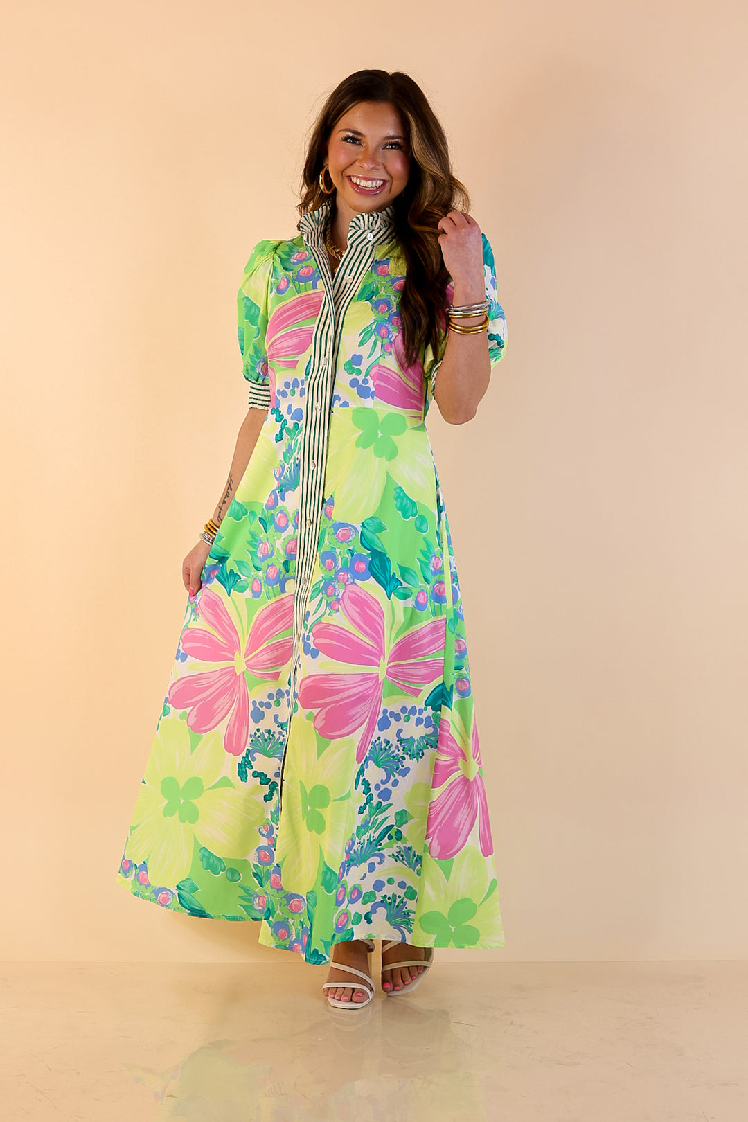 Spring Awakening Floral Midi Dress with Puff Sleeves and Stripe Trim in Lime Green and Blue