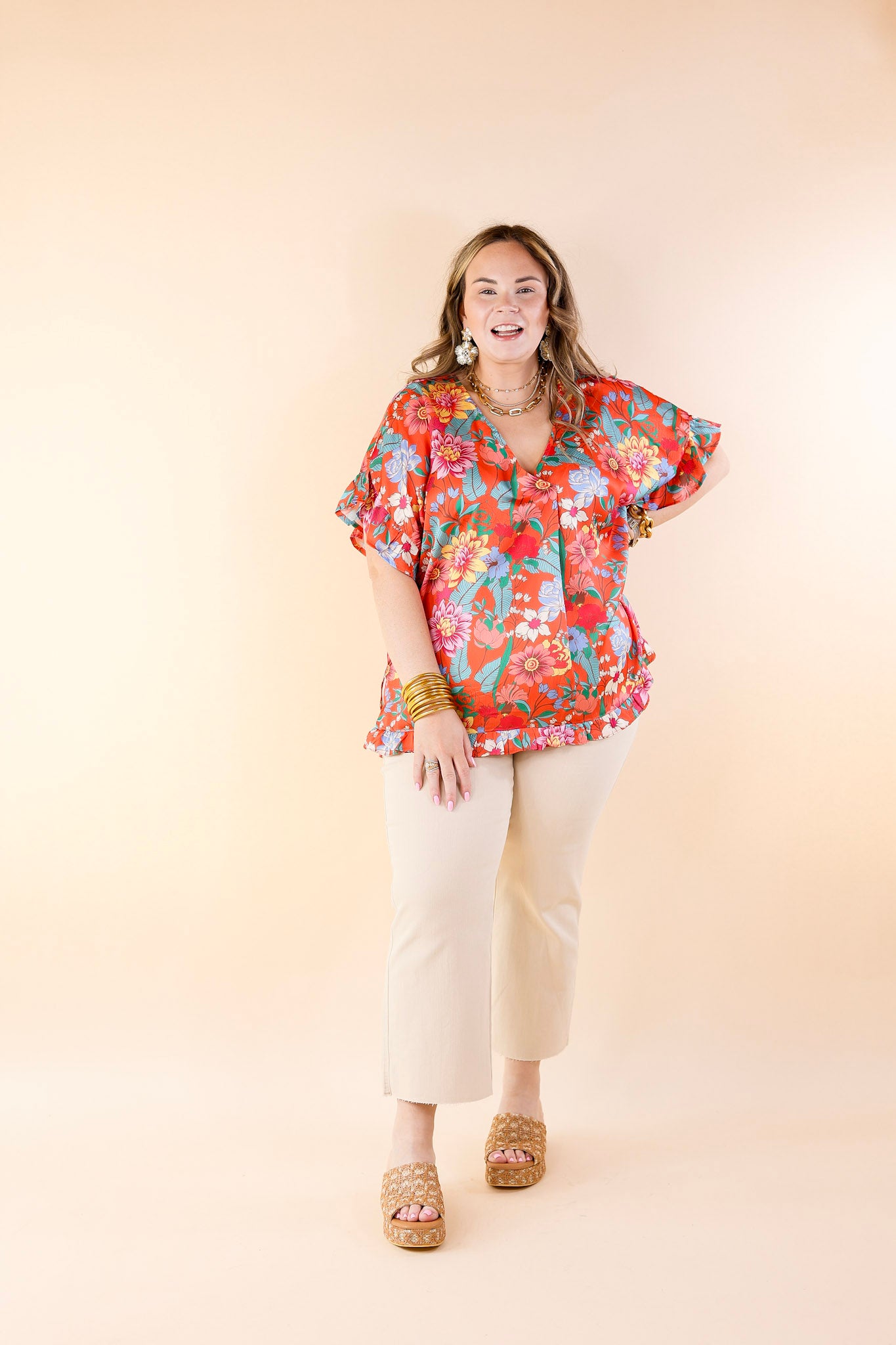 Blissful Mindset Floral V Neck Top with Short Ruffle Sleeves in Orange - Giddy Up Glamour Boutique