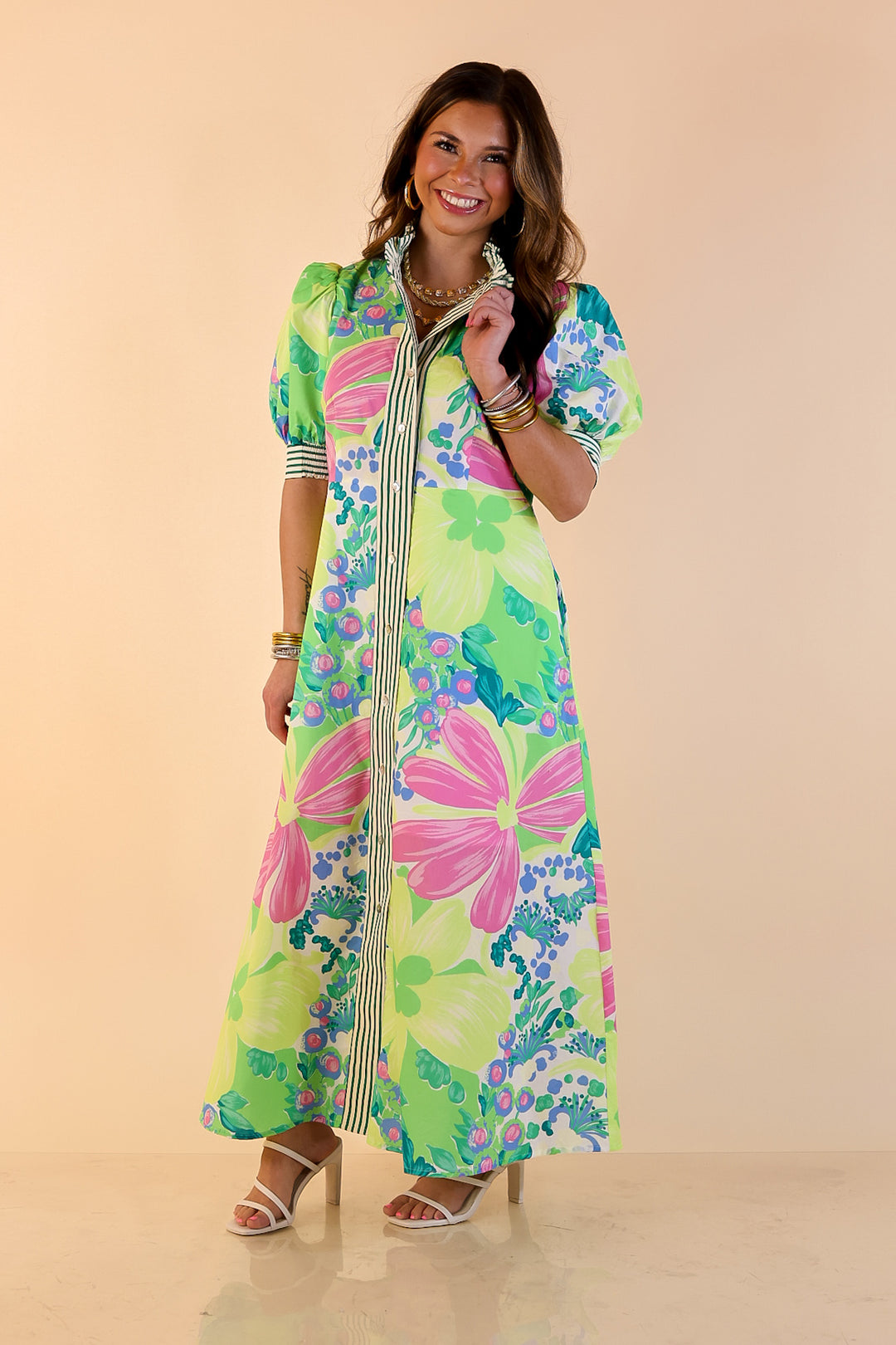 Spring Awakening Floral Midi Dress with Puff Sleeves and Stripe Trim in Lime Green and Blue