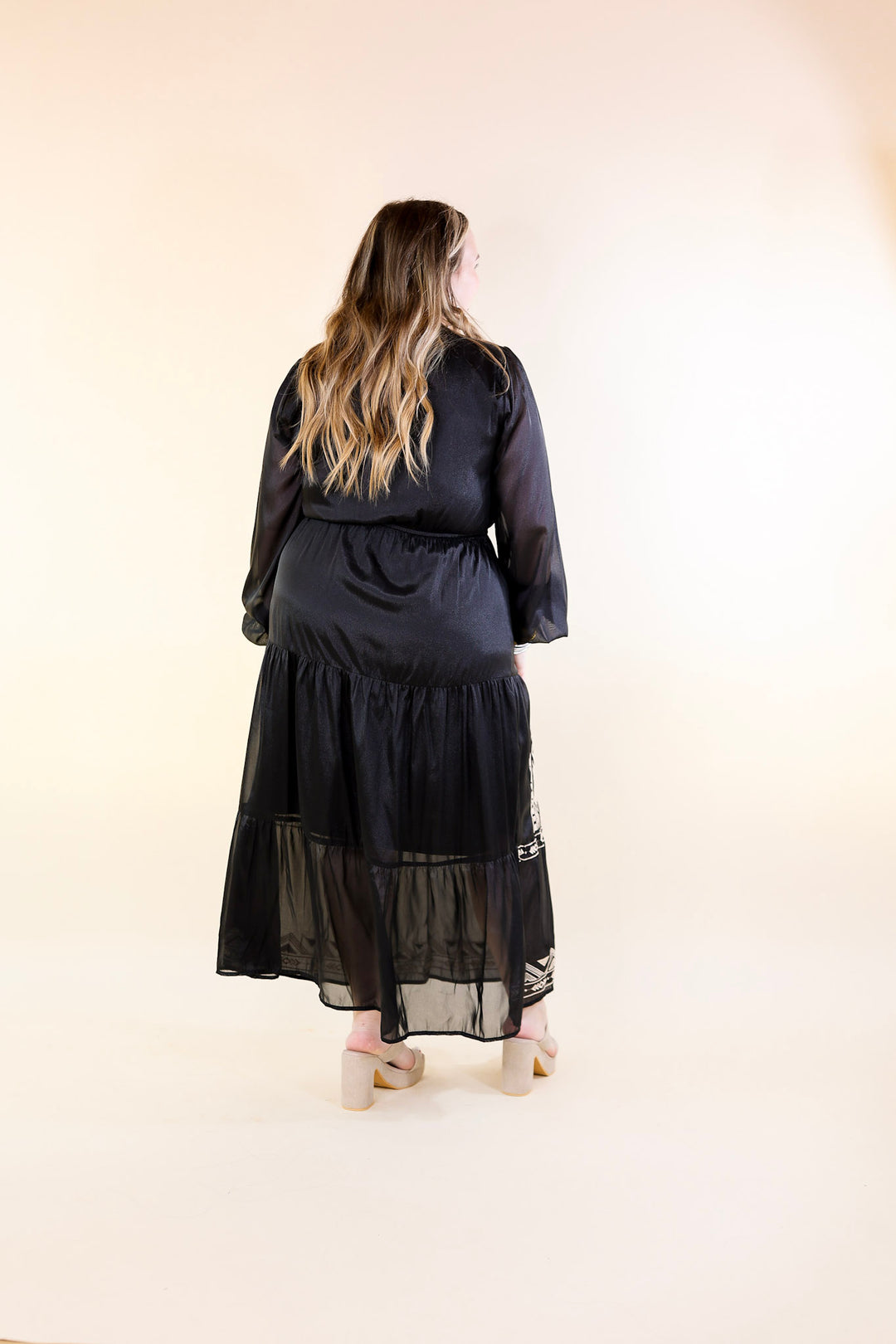 Bring The Drama Ivory Embroidered Maxi Dress with Long Sleeves in Black