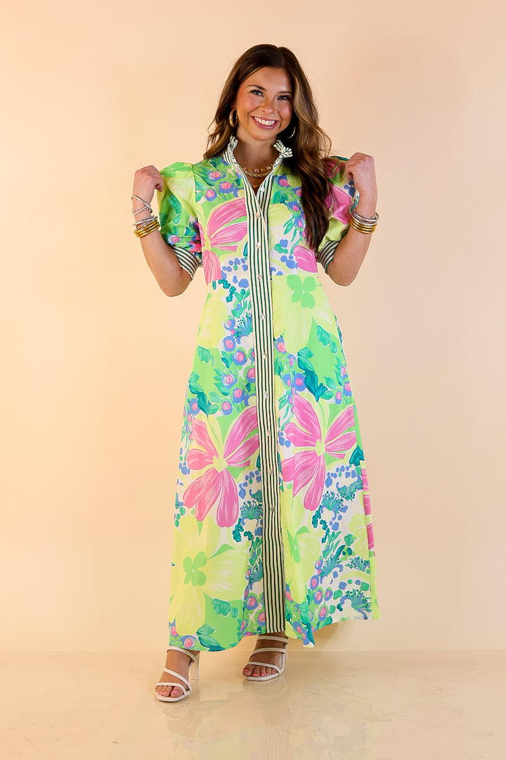Spring Awakening Floral Midi Dress with Puff Sleeves and Stripe Trim in Lime Green and Blue