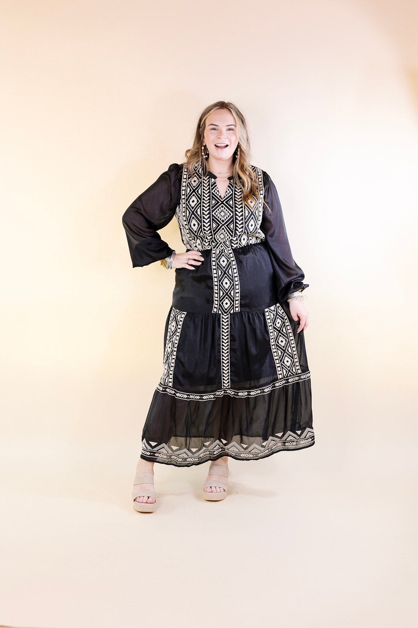 Bring The Drama Ivory Embroidered Maxi Dress with Long Sleeves in Black