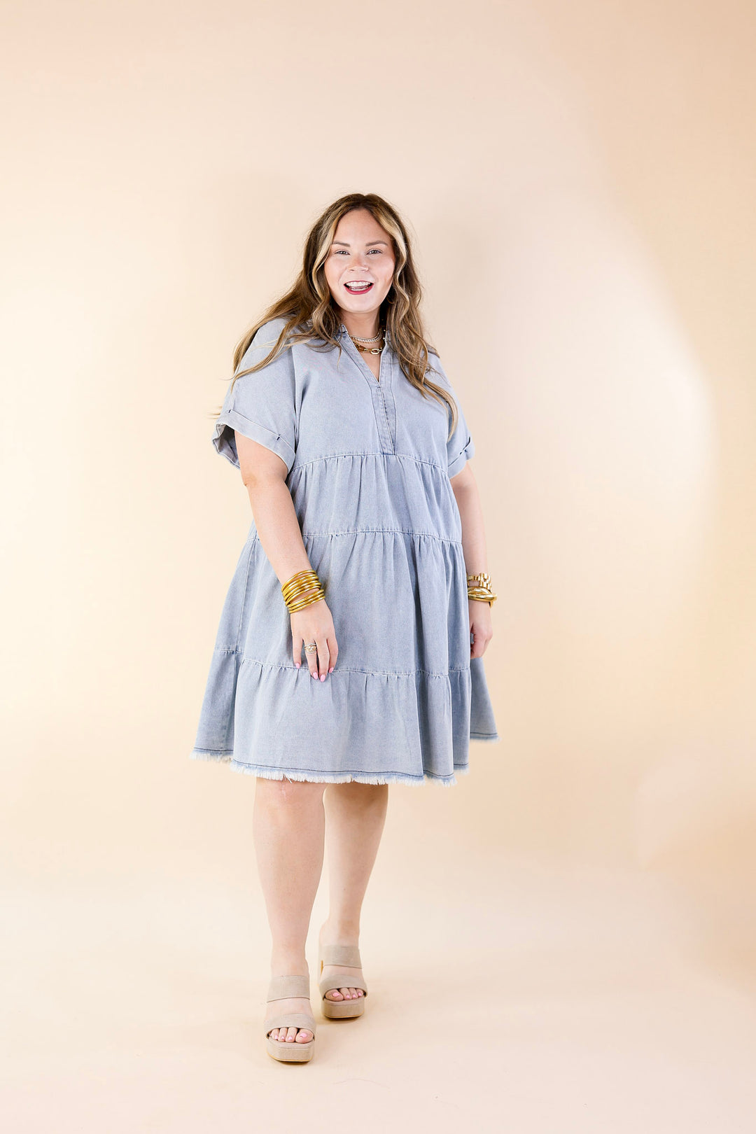 Wait List Tiered Denim Dress with Collared Neckline in Light Wash - Giddy Up Glamour Boutique