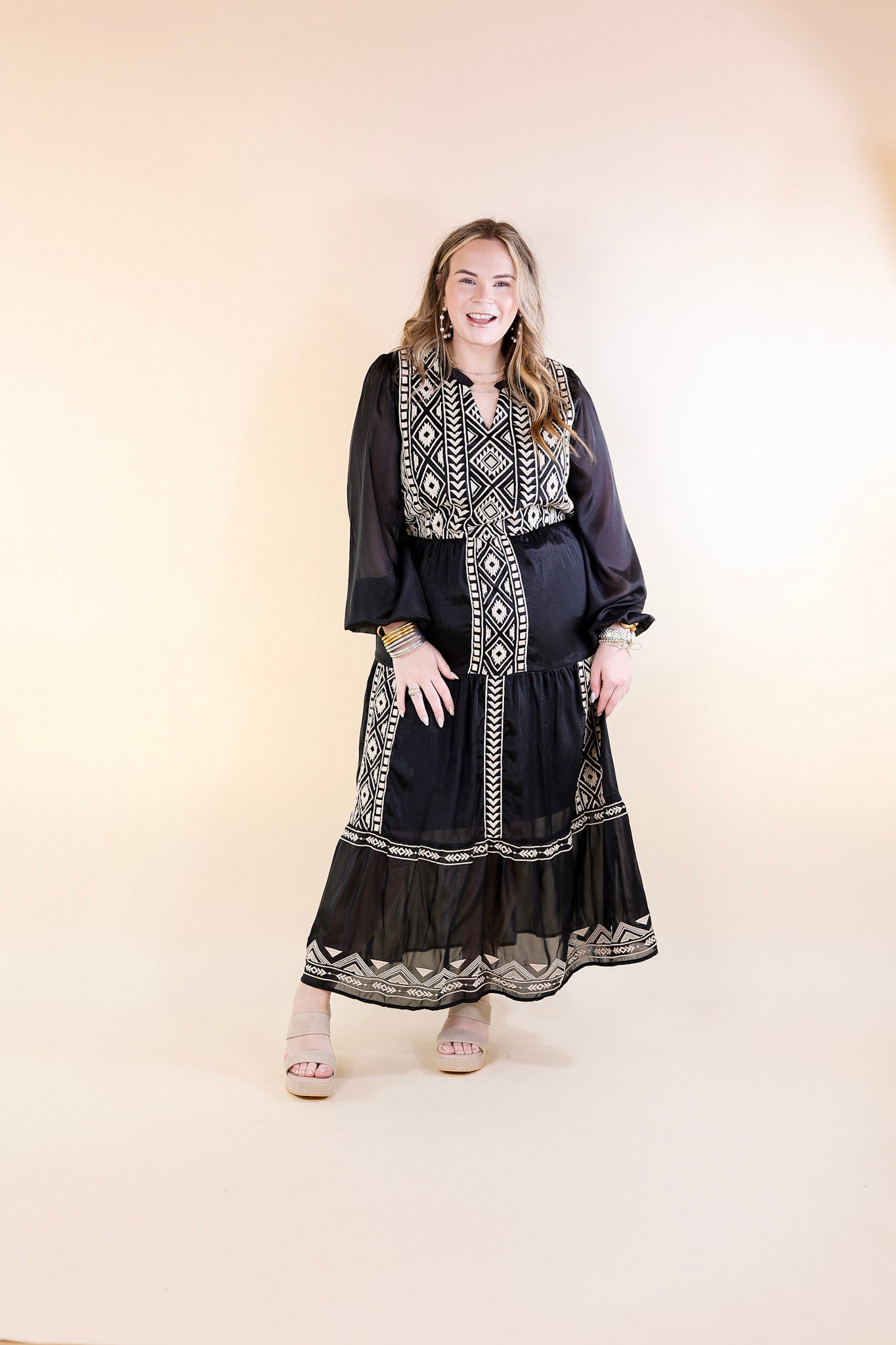 Bring The Drama Ivory Embroidered Maxi Dress with Long Sleeves in Black