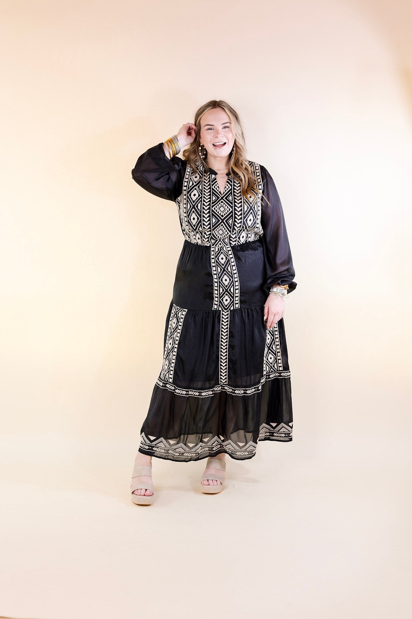 Bring The Drama Ivory Embroidered Maxi Dress with Long Sleeves in Black