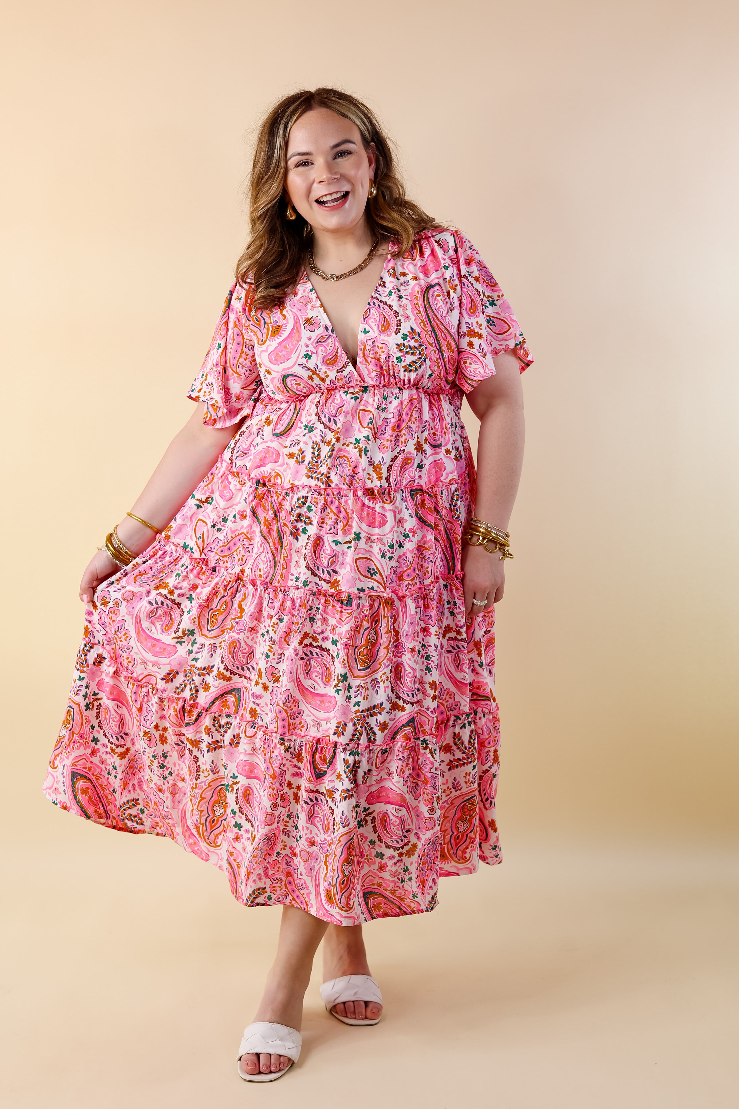 Whispers of Wisteria Paisley Tiered Midi Dress in Pink Mix - Giddy Up Glamour Boutique