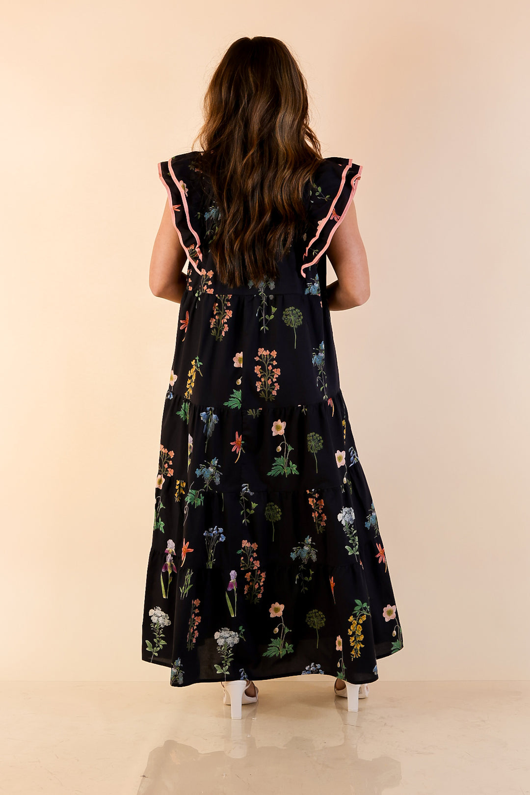 Moonlit Meadow Floral Ruffle Cap Sleeve Tiered Midi Dress in Black