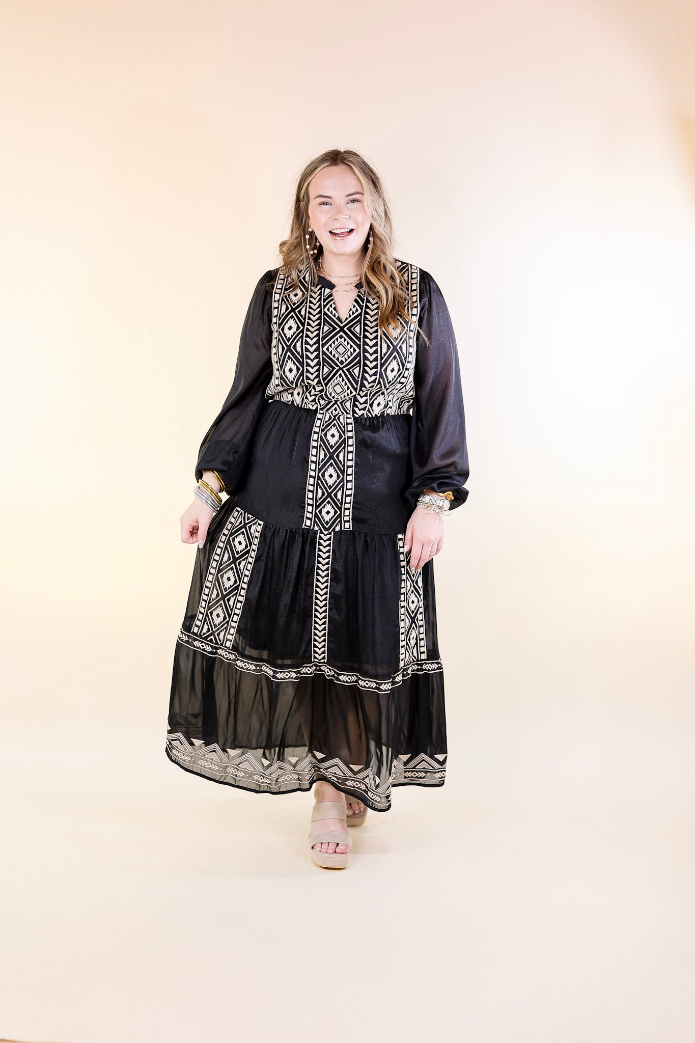 Bring The Drama Ivory Embroidered Maxi Dress with Long Sleeves in Black