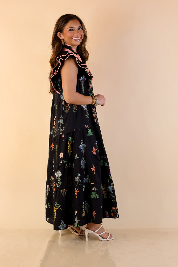 Moonlit Meadow Floral Ruffle Cap Sleeve Tiered Midi Dress in Black