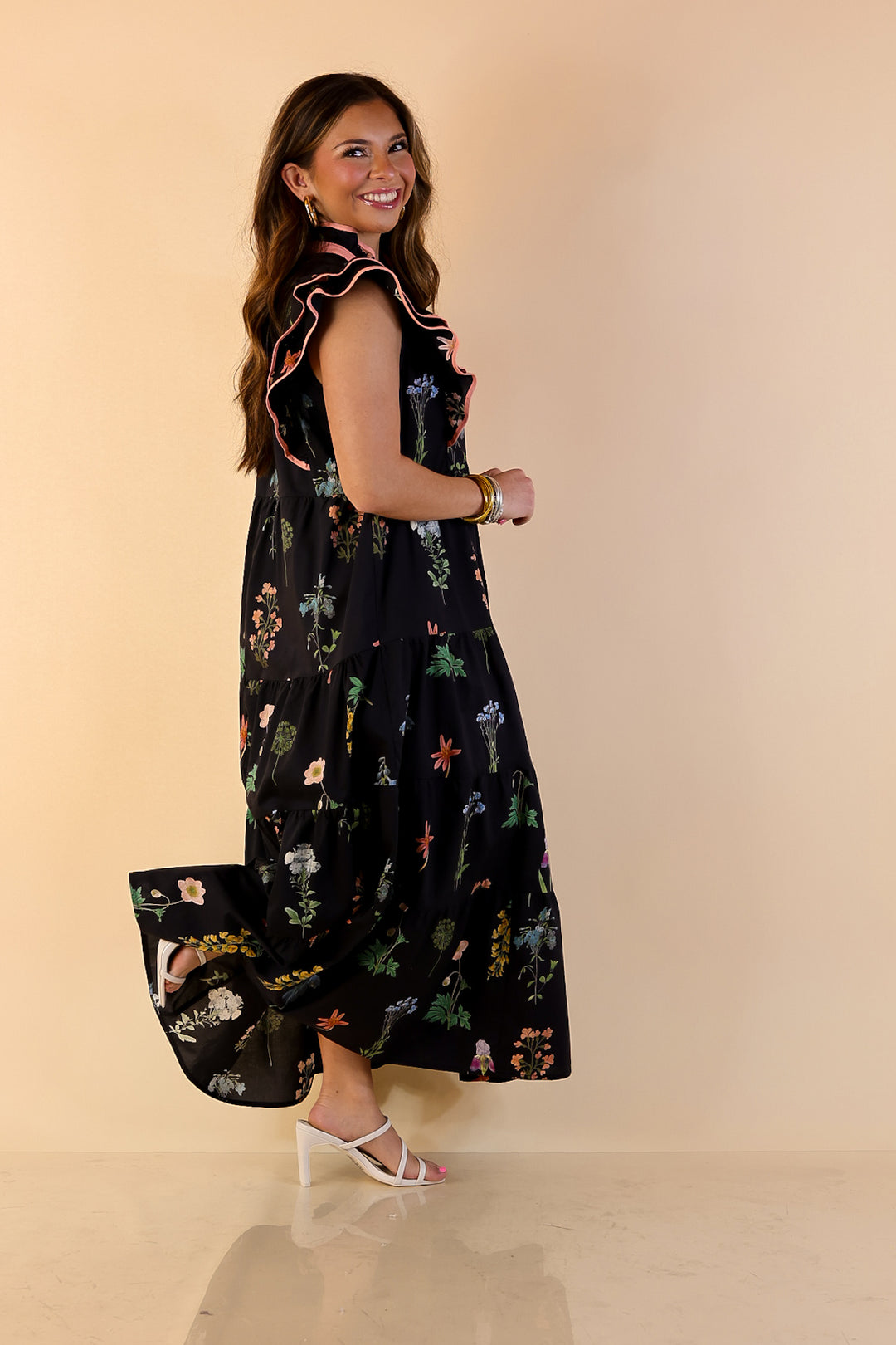 Moonlit Meadow Floral Ruffle Cap Sleeve Tiered Midi Dress in Black