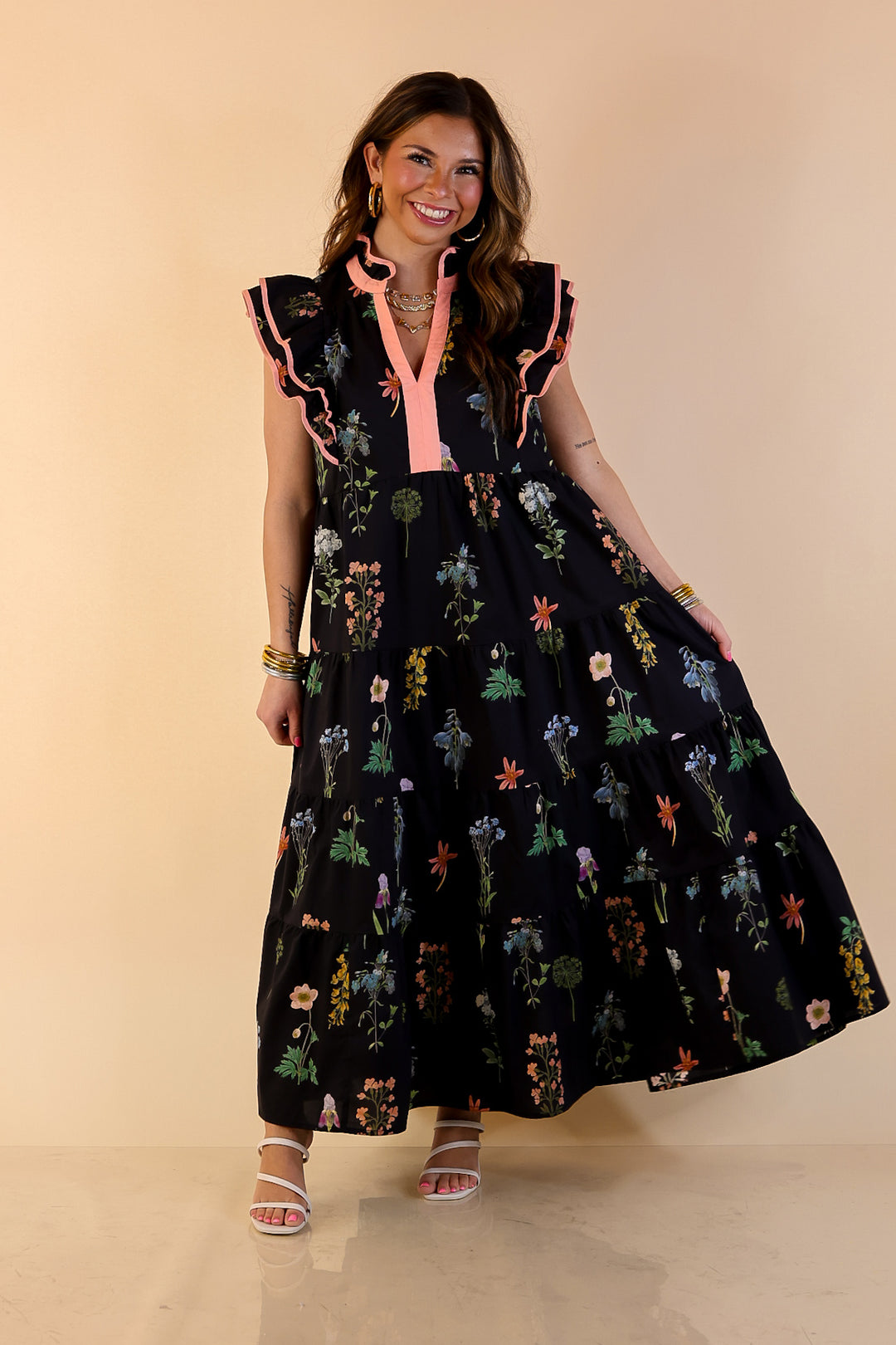 Moonlit Meadow Floral Ruffle Cap Sleeve Tiered Midi Dress in Black