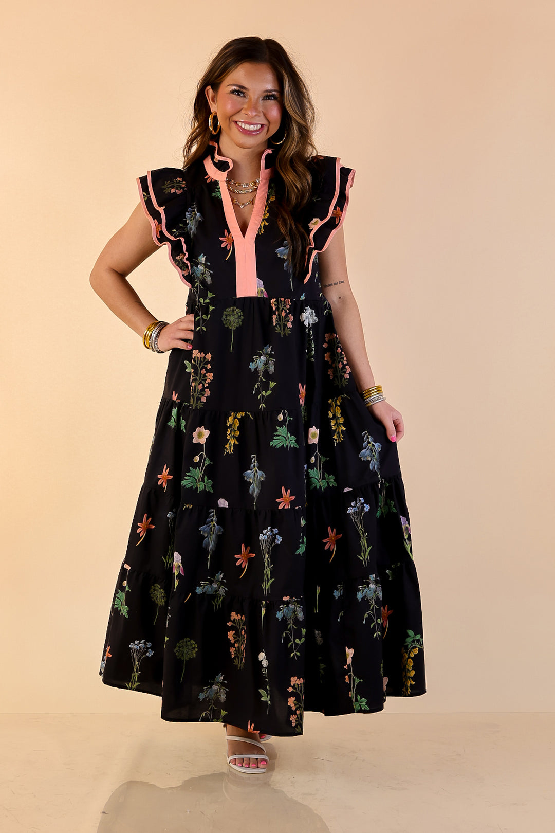 Moonlit Meadow Floral Ruffle Cap Sleeve Tiered Midi Dress in Black